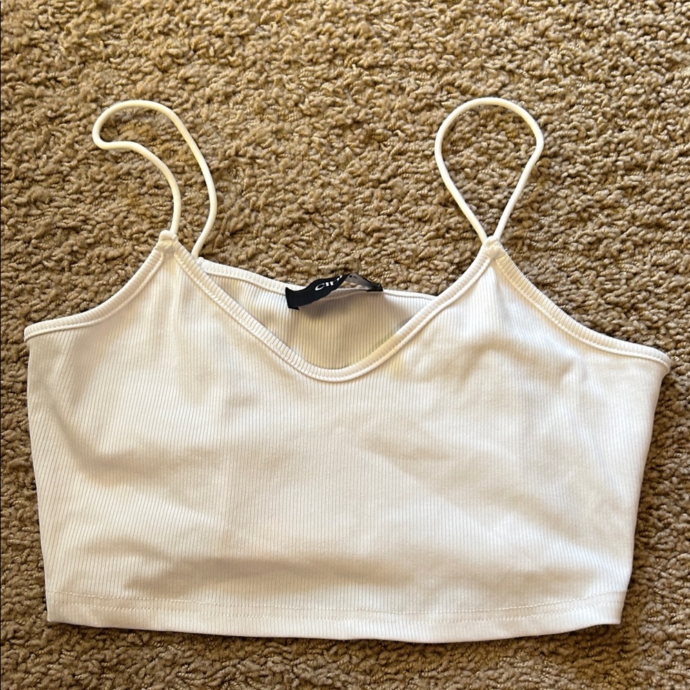 White Ribbed Spaghetti-Strap Crop Top